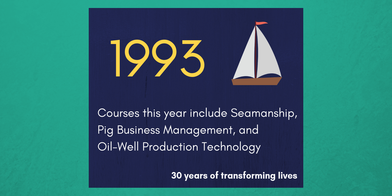 1993 - Courses this year include Seamanship, Pig Business Management, and Oil-Well Production Technology.