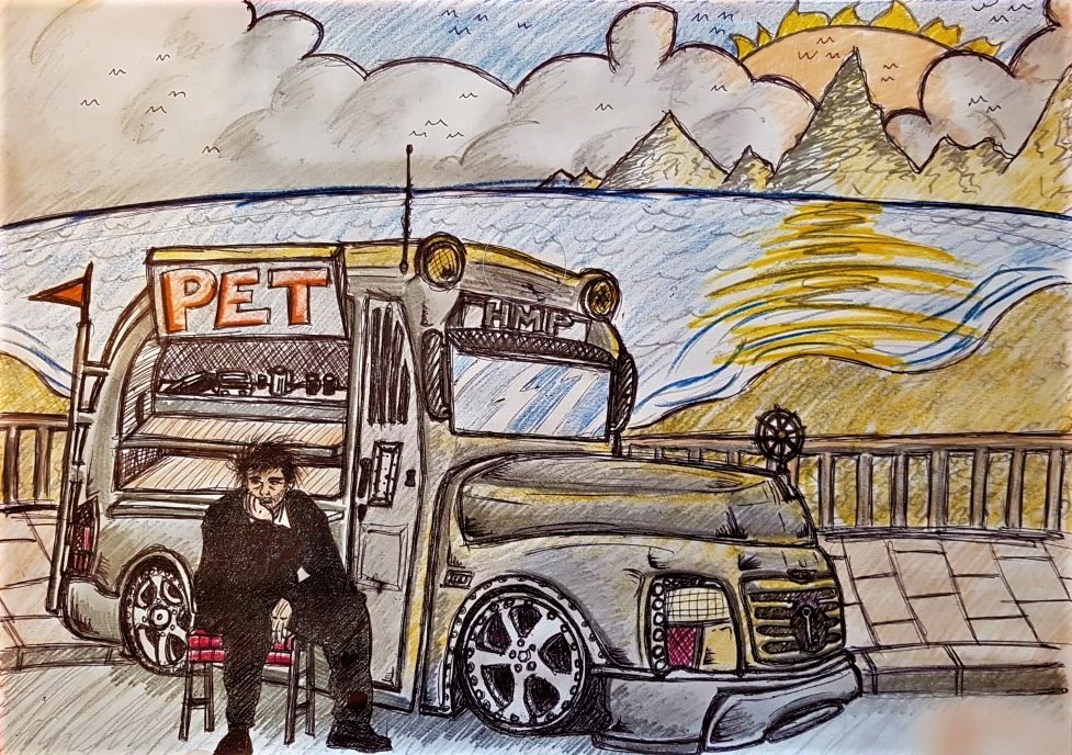 Moss. Prison Bus. 2019. Pencil on paper.