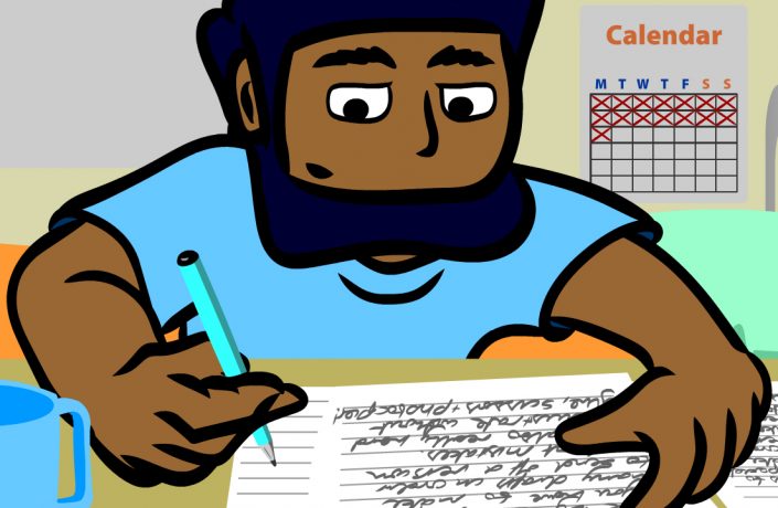 Illustration of Distance learner writing in cell