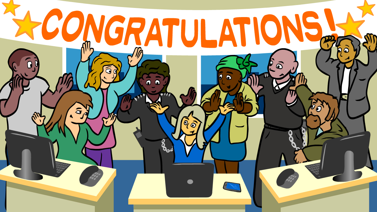 Image from an animation by Erika Flowers showing prison staff celebrating learners' success