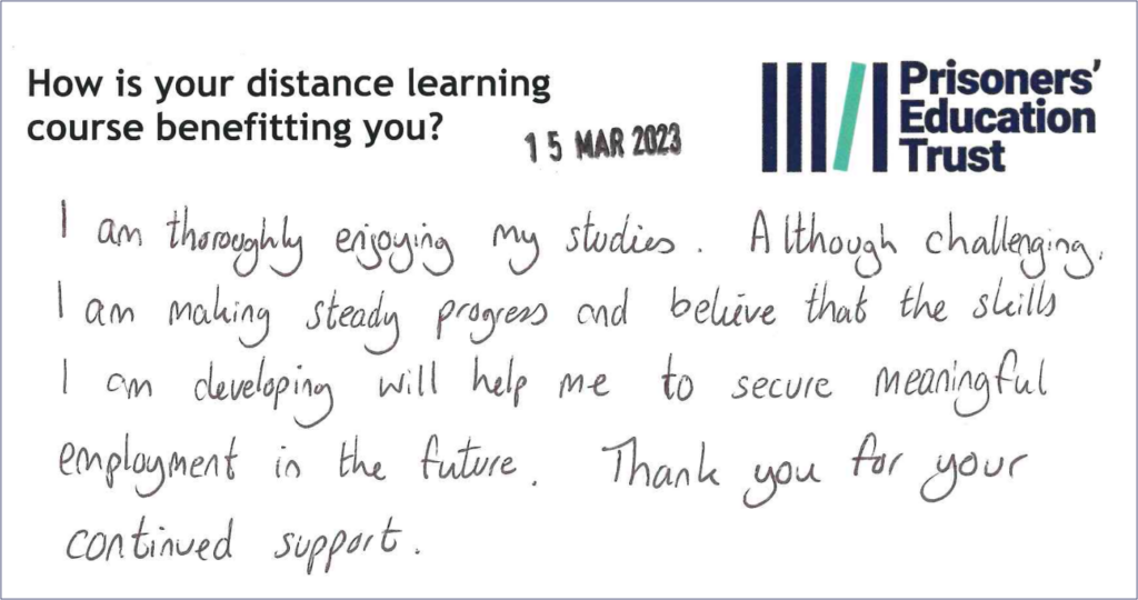 Postcard from a learner that reads: "I am thoroughly enjoying my studies. Although challenging, I am making steady progress and believe that the skills I am developing will help me to secure meaningful employment in the future. Thank you for your continued support."