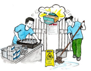 Illustration showing two people in prison bagging breakfast packs and mopping the floor dreaming about studying instead.