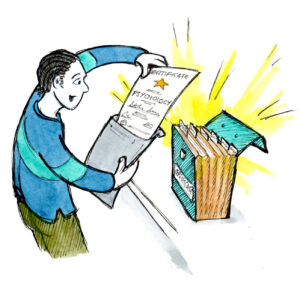 Illustration showing Collins receiving his Psychology degree certificate