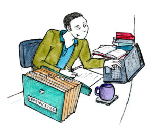 Illustration showing Collins studying at a desk.